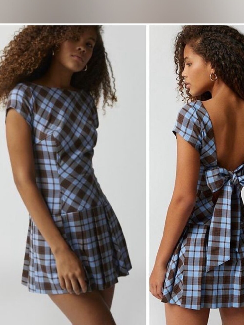 Urban Outfitters Blue & Brown Plaid Open-Back Mini Dress